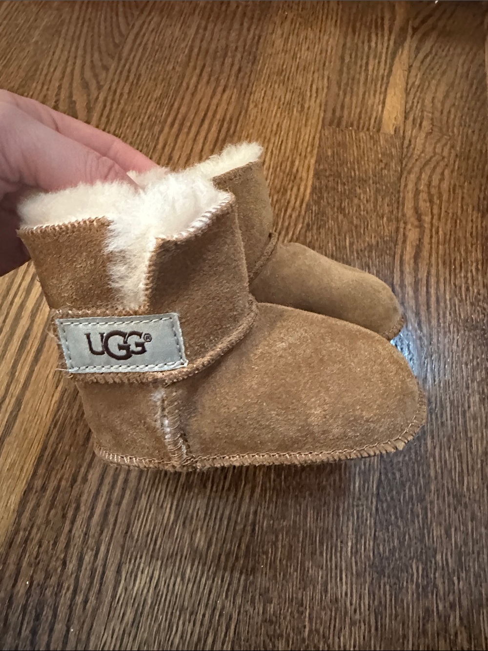 UGG Chestnut Suede Infant Booties with Shearling Trim